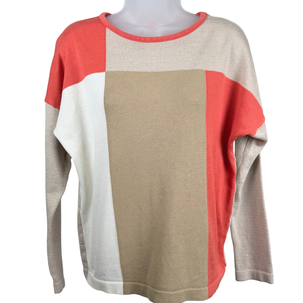 Charter Club M Coral Beige Ivory Colorblock Metallic Knit Sweater Dolman Top